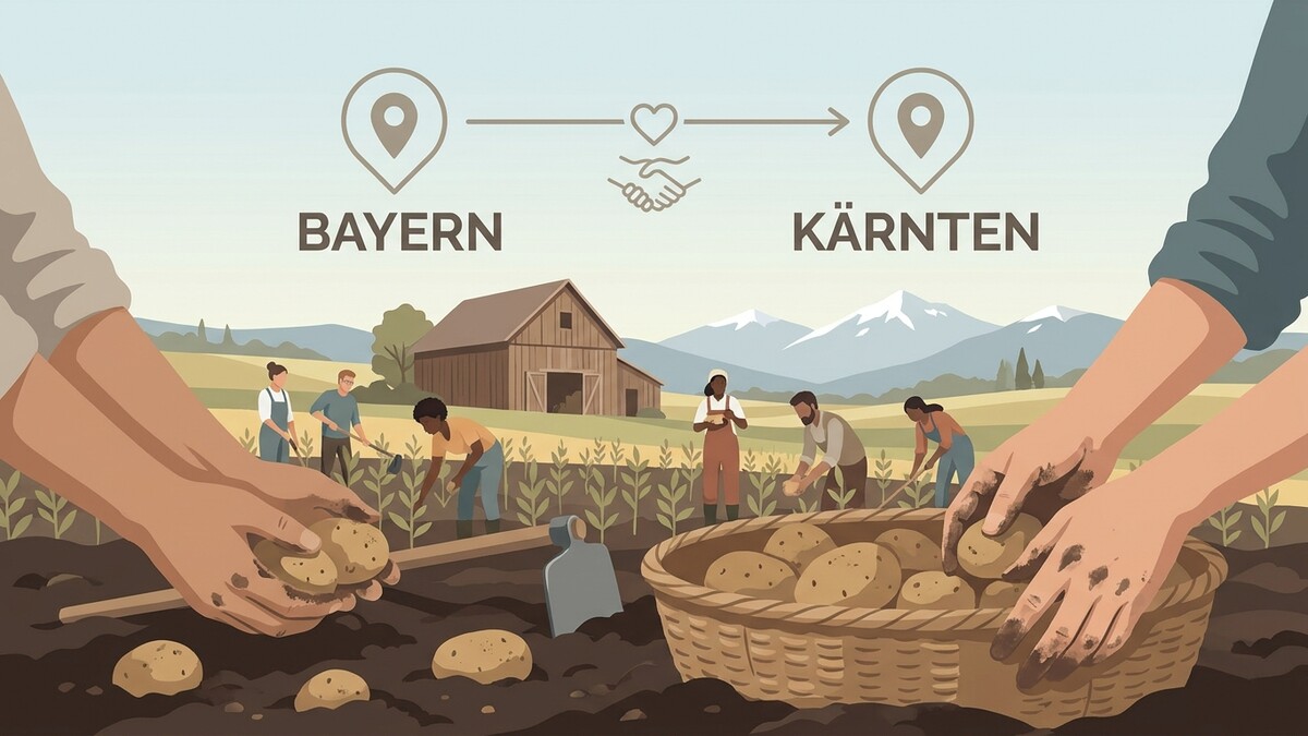 Bauern bei der Kartoffelernte in Bayern und Kärnten mit Bergsilhouette