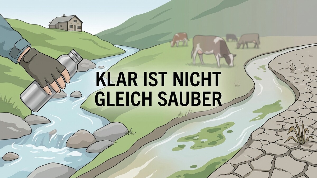 Klar ist nicht gleich sauber: Hand füllt Flasche aus Gebirgsbach, Kühe weiden.