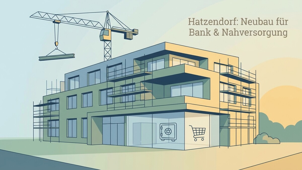 Hatzendorf: Neubau für Bank & Nahversorgung mit Kran und Baugerüst