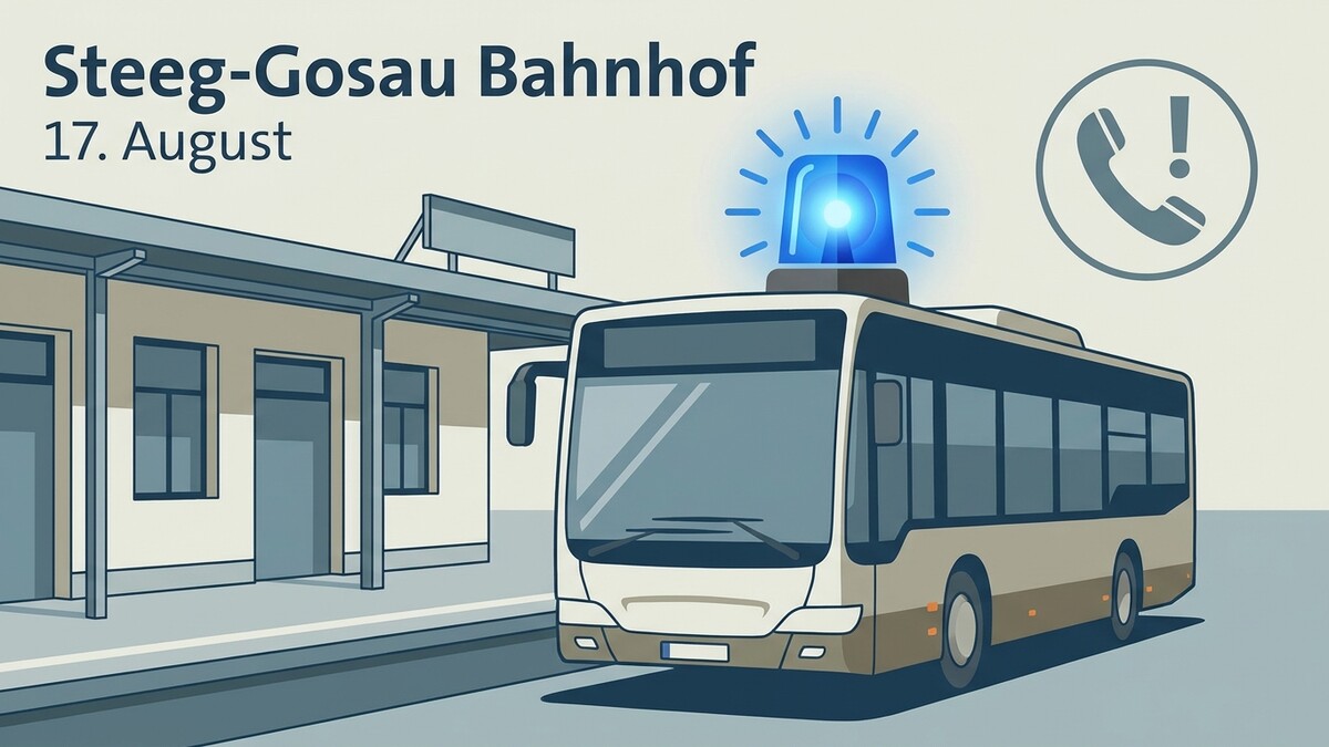 Steeg-Gosau Bahnhof: Bus mit Blaulicht und Notruf-Symbol
