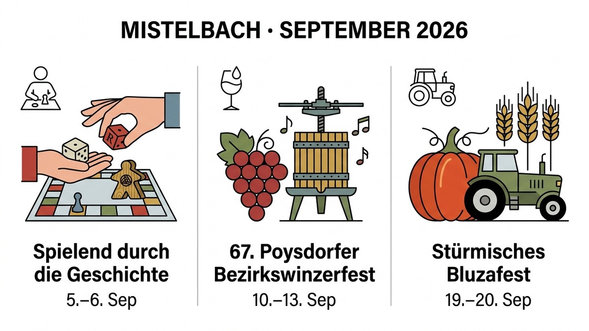 Mistelbach September 2026: Spielend durch die Geschichte, Poysdorfer Bezirkswinzerfest, Stürmisches Bluzafest