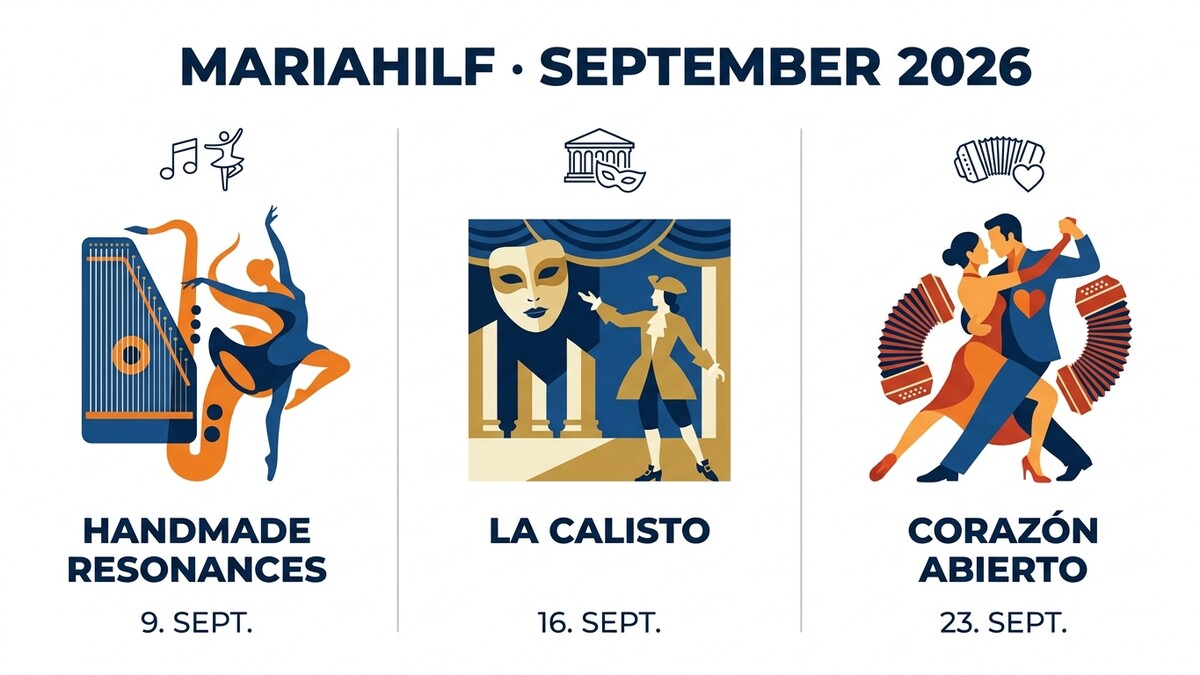 Mariahilf September 2026: Tanzpaar mit Akkordeons, Masken-Theater und Harfe mit Tänzerin