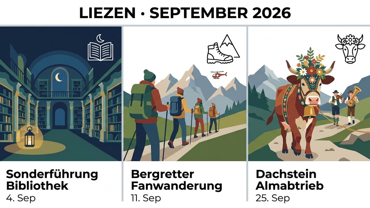 Dachstein Almabtrieb mit geschmückter Kuh und Musikanten in Tracht in den Bergen.