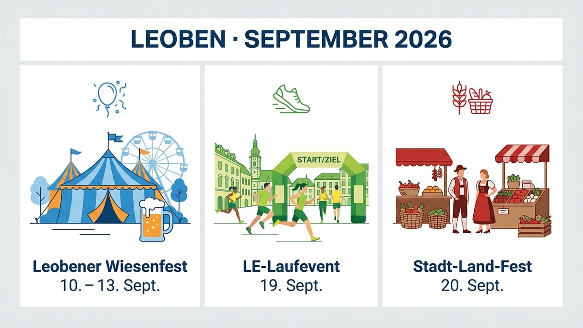 Leoben September 2026: Wiesenfest, Laufevent und Stadt-Land-Fest mit bunten Illustrationen.