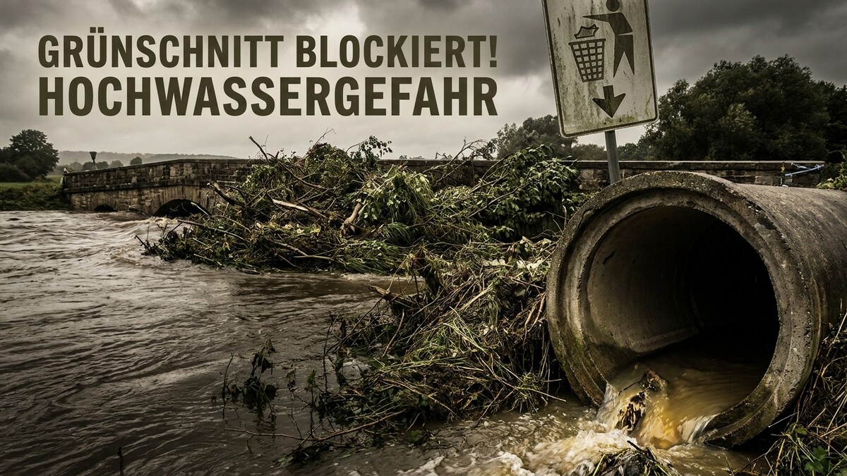Hochwassergefahr durch Grünschnitt: Überflutete Brücke und verstopfte Rohre.