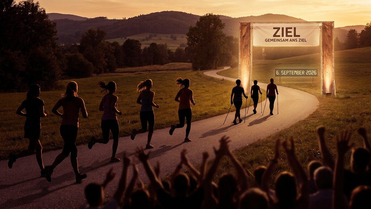 Läuferinnen und Läufer nähern sich dem Zielbogen mit der Aufschrift „ZIEL GEMEINSAM ANS ZIEL“ und dem Datum 6. September 2026.