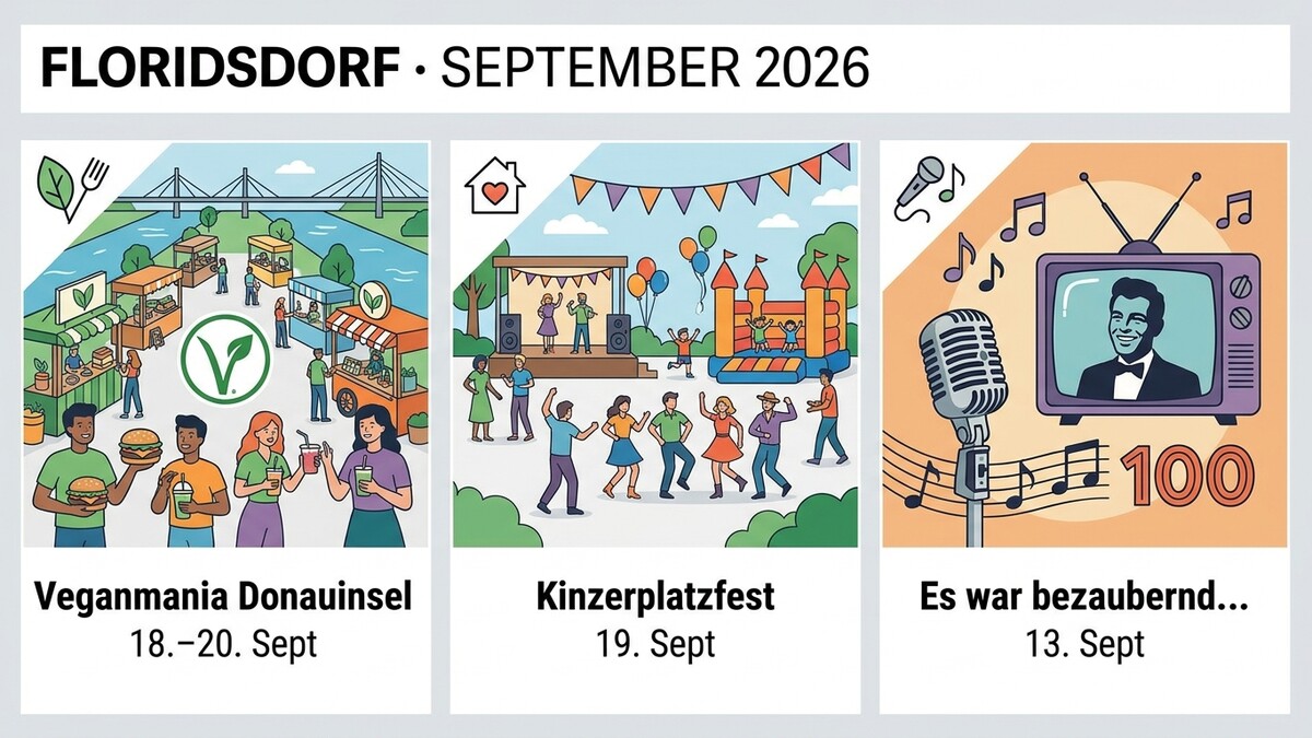 Floridsdorf September 2026: Illustrationen von Veganmania, Kinzerplatzfest und einer TV-Show mit Musik.