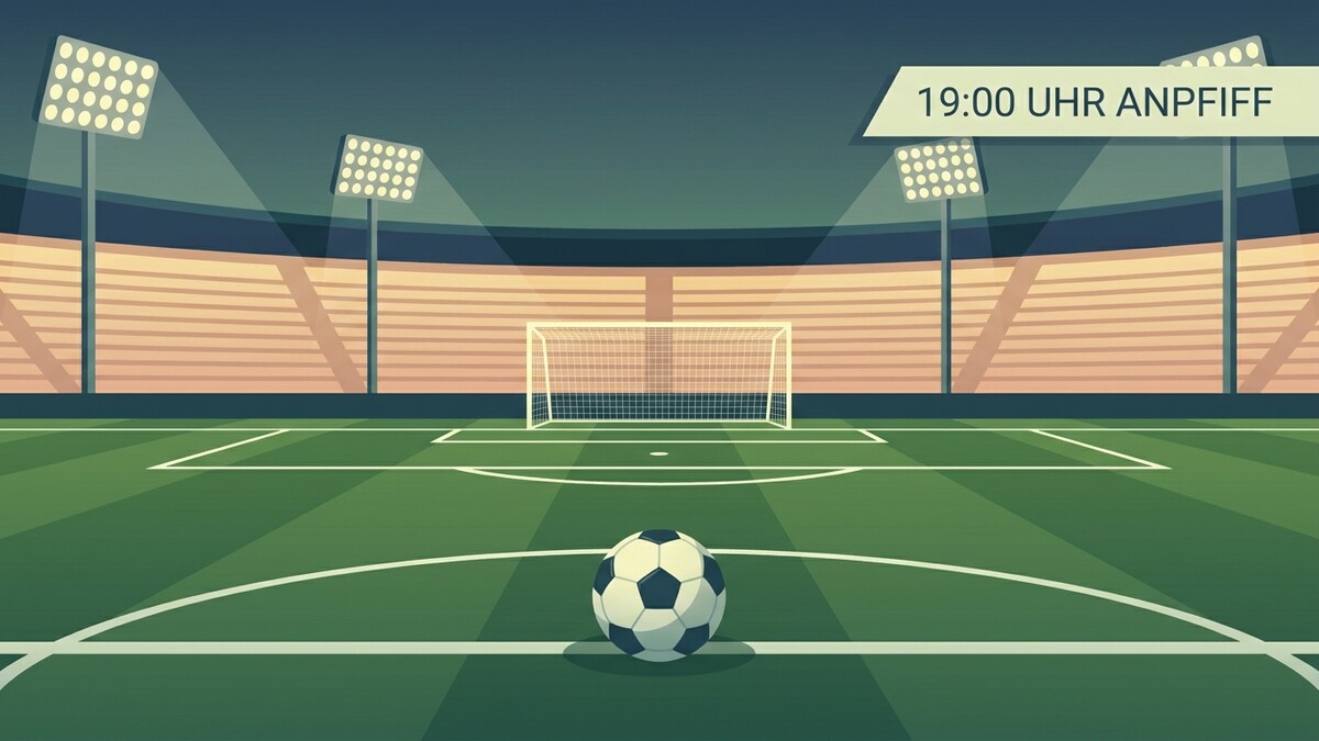 Fußballspiel: Fußball am Rasen vor Tor mit Flutlicht und Anpfiff um 19:00 Uhr