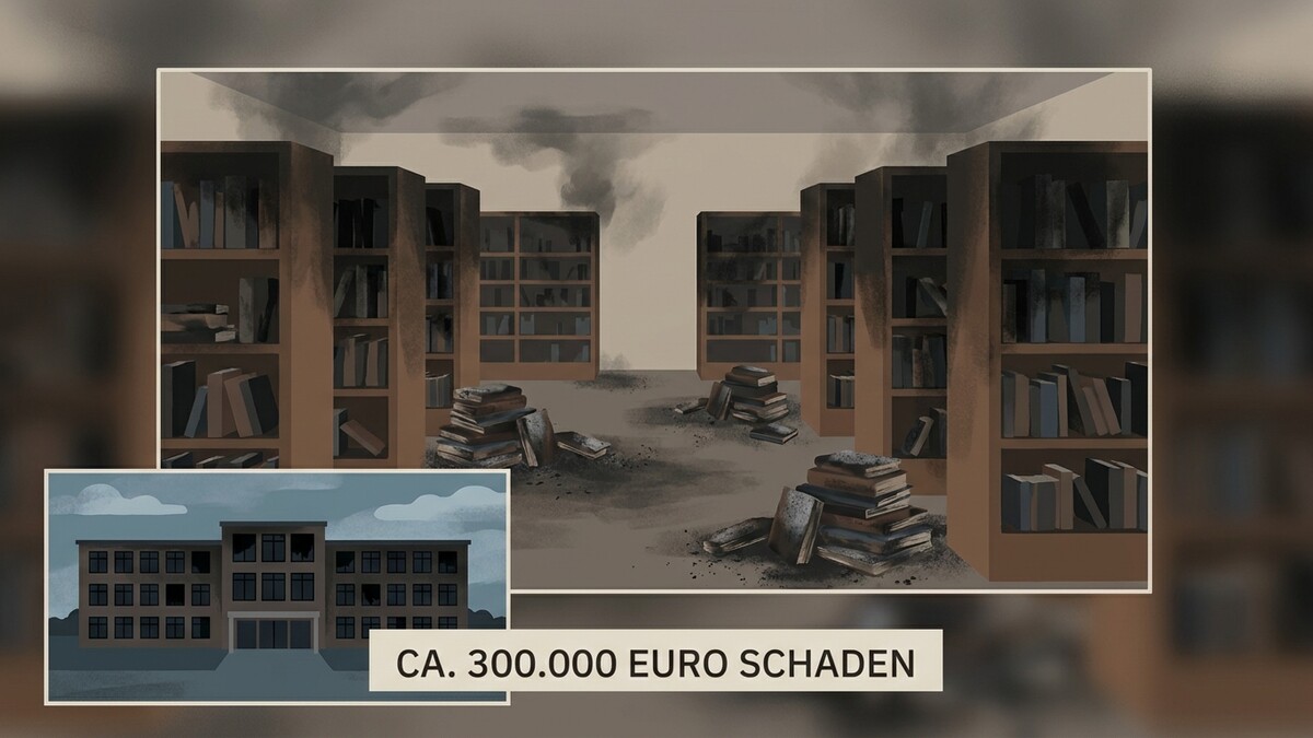 Bibliothek nach Brand mit umgefallenen Bücherstapeln und verrußten Regalen, daneben Schulgebäude