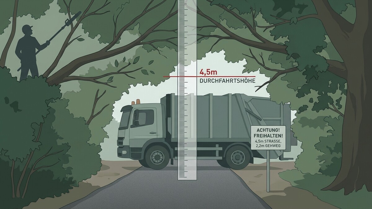 Müllwagen unter Baum mit 4,5m Durchfahrtshöhe und Warnschild