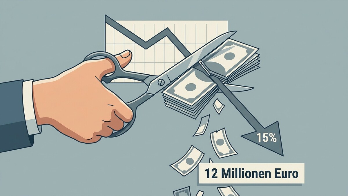 Geld sparen: Schere schneidet 12 Millionen Euro, Pfeil zeigt 15% Rückgang an.