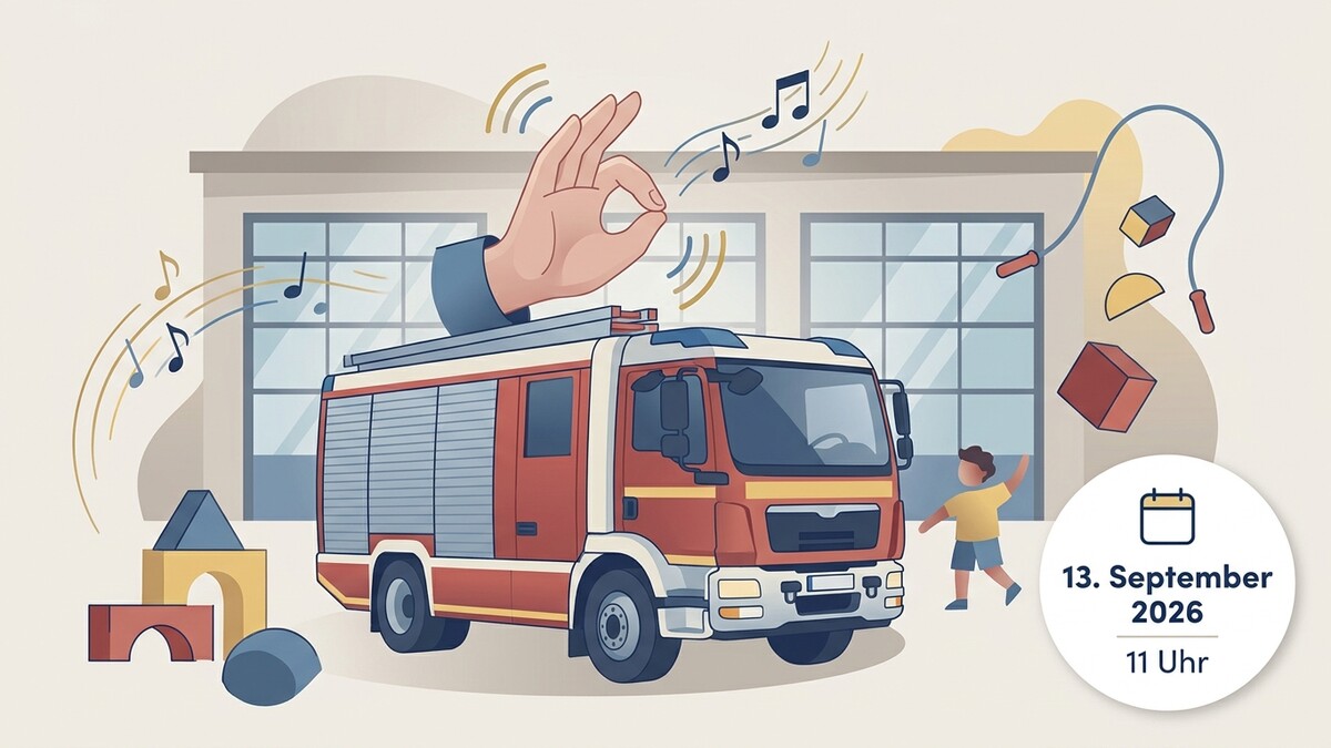 Feuerwehrfahrzeug mit Spielzeug und Datum 13. September 2026 11 Uhr