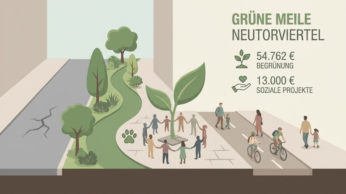 Grüne Meile Neutormit Menschen, Radfahrern und Radfahrern, die sich für Begrünung und soziale Projekte einsetzen.