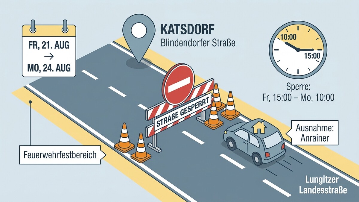 Straßensperre in Katsdorf, Blindendorfer Straße, Lungitzer Landesstraße von Fr. 21. Aug. bis Mo. 24. Aug.