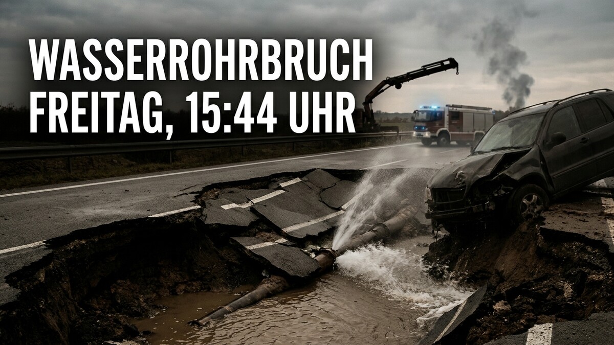Wasserrohrbruch auf Straße mit beschädigtem Auto und Feuerwehr im Hintergrund.