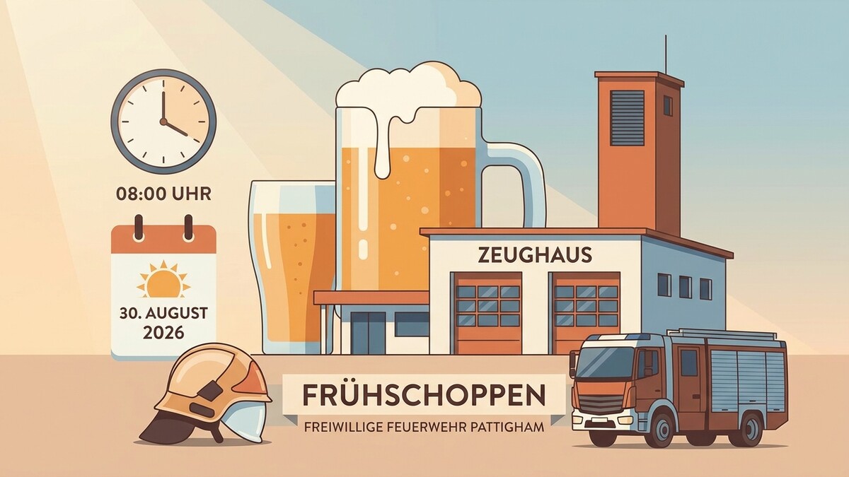 Frühschoppen Freiwillige Feuerwehr Pattigham am 30. August 2026, 08:00 Uhr mit Bierkrügen und Zeughaus