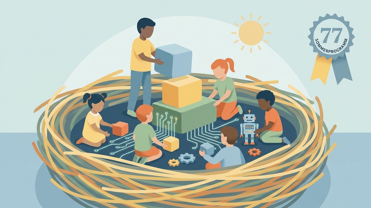 Kinder bauen mit Klötzen und Roboter in einem Nest, Sommerprogramm 77