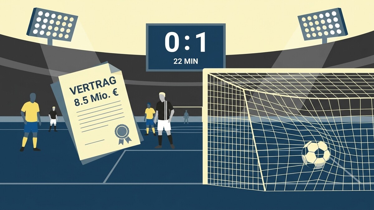 Fußballspiel mit Vertrag 8,5 Mio. €, Anzeigetafel 0:1, 22 Min. und Tor