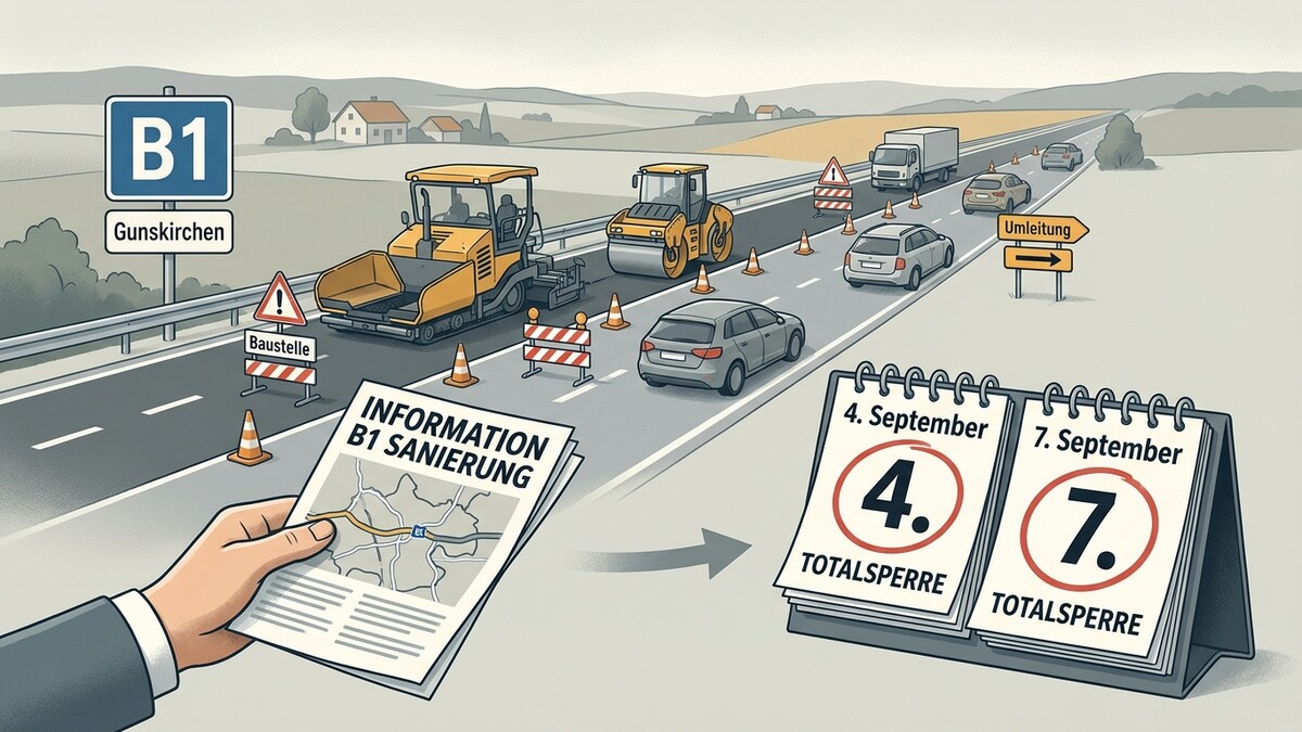 B1-Sanierung bei Gunskirchen: Baustelle mit Maschinen, Autos, Umleitung und Kalender mit Totalsperren.