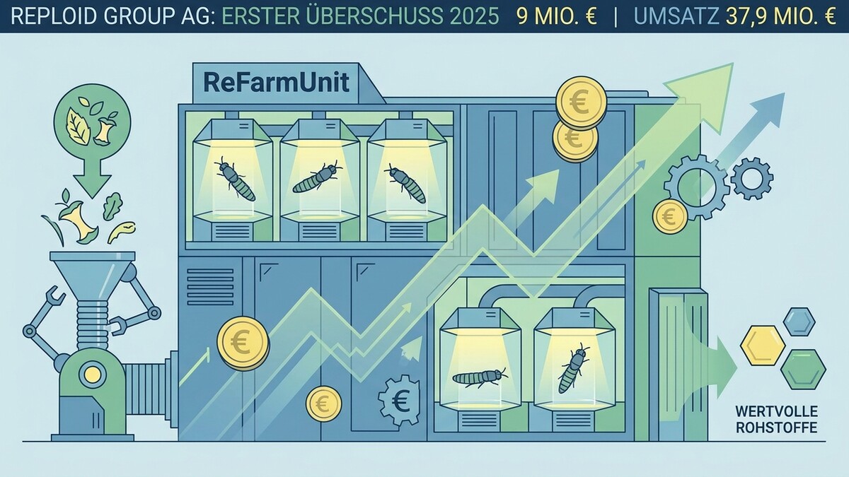 ReFarmUnit-Anlage wandelt organische Abfälle in wertvolle Rohstoffe um, mit Wachstumspfeilen und Euro-Münzen.