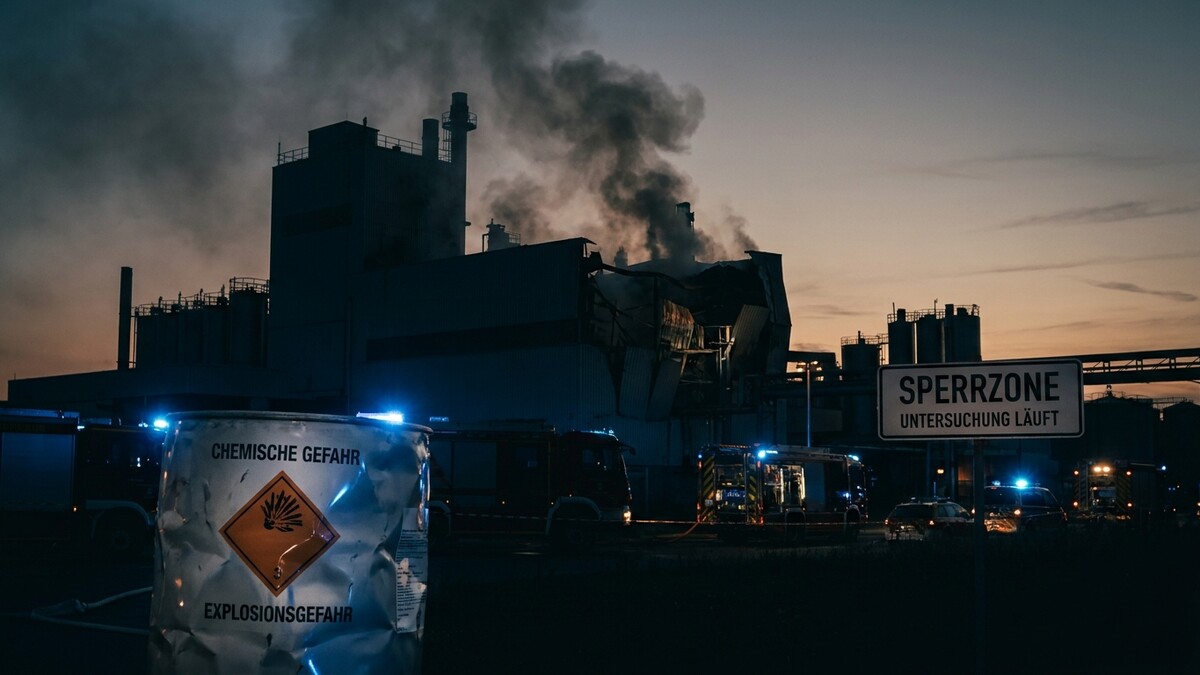 Explosionsgefahr-Fass vor brennender Fabrik mit Rauch und Feuerwehr in Sperrzone