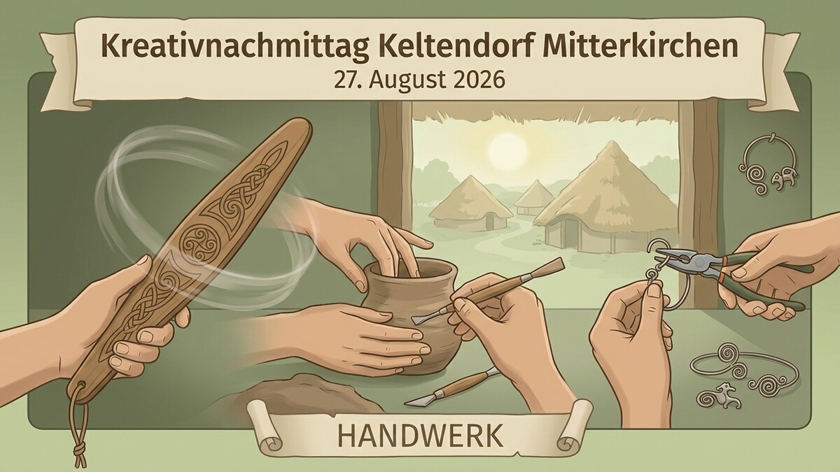 Keltendorf Mitterkirchen: Handwerk am Kreativnachmittag am 27. August 2026 mit Töpfern und Schmuckherstellung.