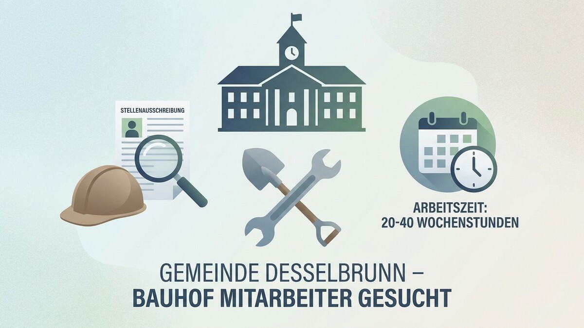Gemeinde Desselbrunn sucht Bauhof-Mitarbeiter: Stellenanzeige, Schutzhelm, Werkzeug, Gebäude und Arbeitszeit von 20-40 Stunden