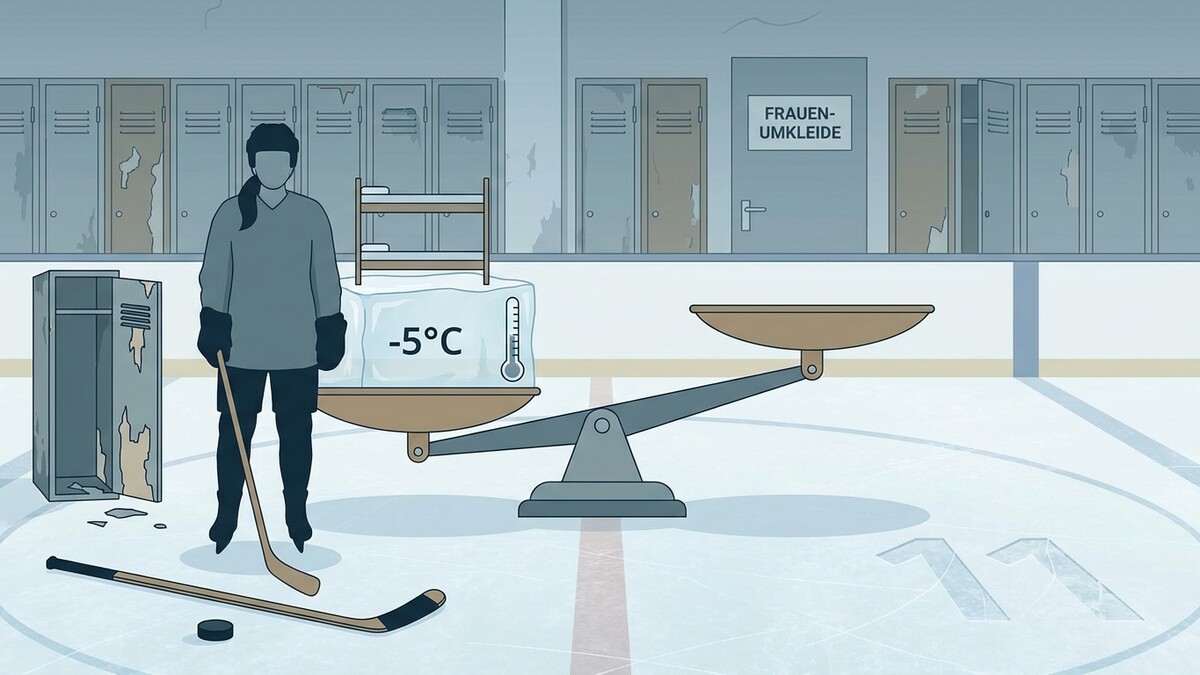 Eishockey-Spielerin mit Puck und Schläger vor Umkleidekabinen mit Waage und Eisblock bei -5°C