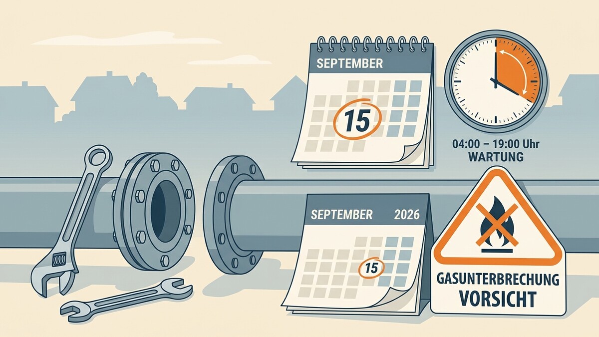 Gasunterbrechung am 15. September 2026: Wartung der Gasleitung mit Werkzeugen und Warnschild
