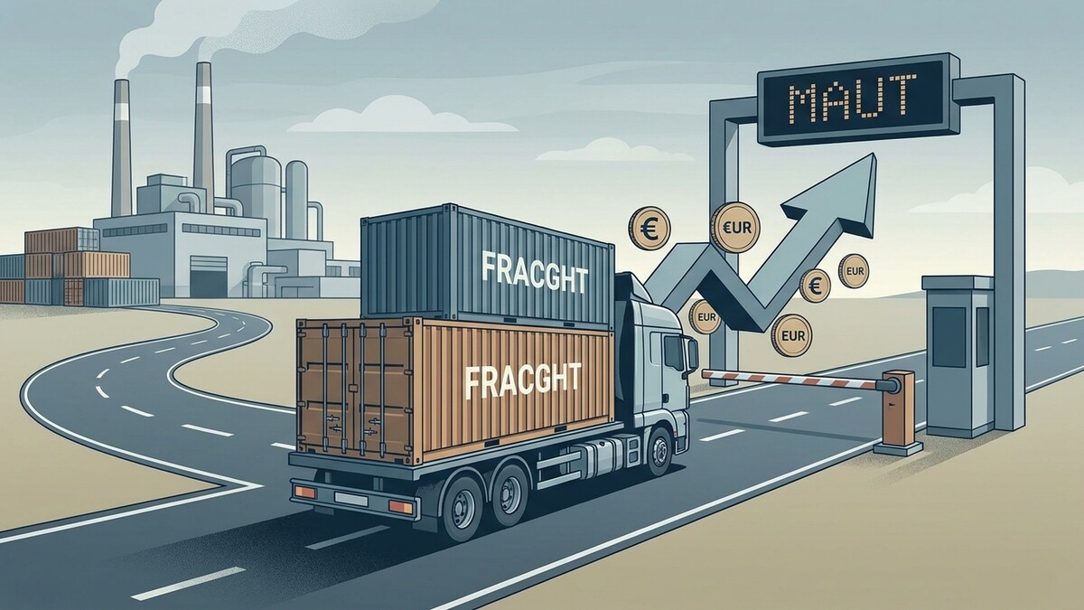 LKW mit Frachtcontainern an Mautstation mit steigendem Pfeil und Euro-Münzen
