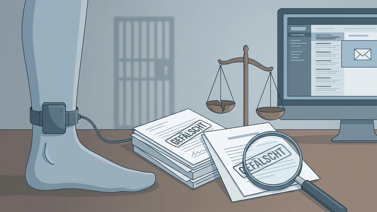 Fußfessel, gefälschte Dokumente, Waage und Computer in Gerichtssaal
