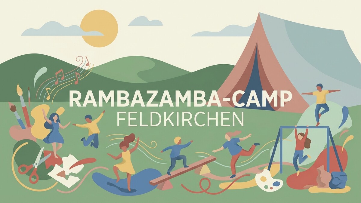 Rambazamba-Camp Feldkirchen: Kinder beim Spielen und Malen vor Zelt und Bergkulisse