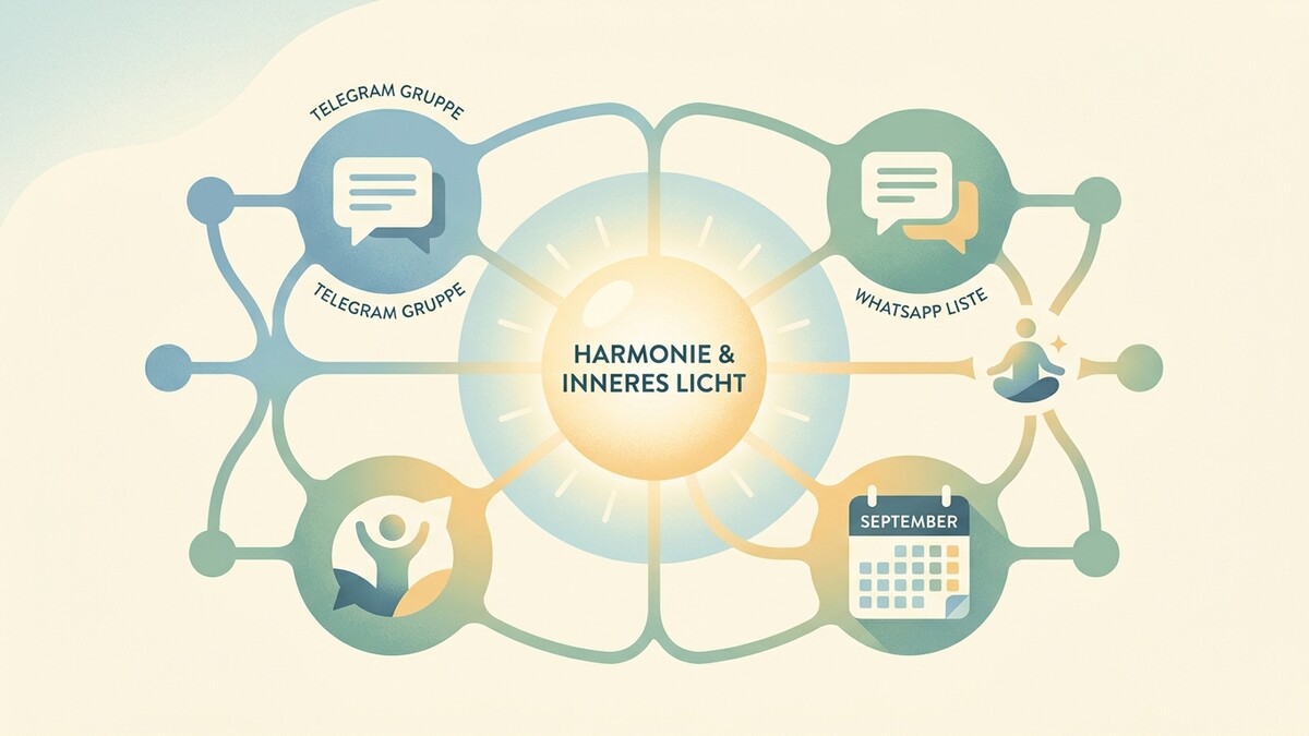 Harmonie & Inneres Licht: Illustration zeigt Telegram-Gruppen, WhatsApp-Liste, Kalender und Meditationsfigur