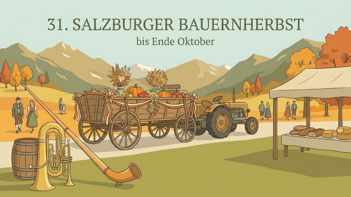 Salzburger Bauernherbst mit Traktor, Erntewagen, Musikinstrumenten und Marktstand