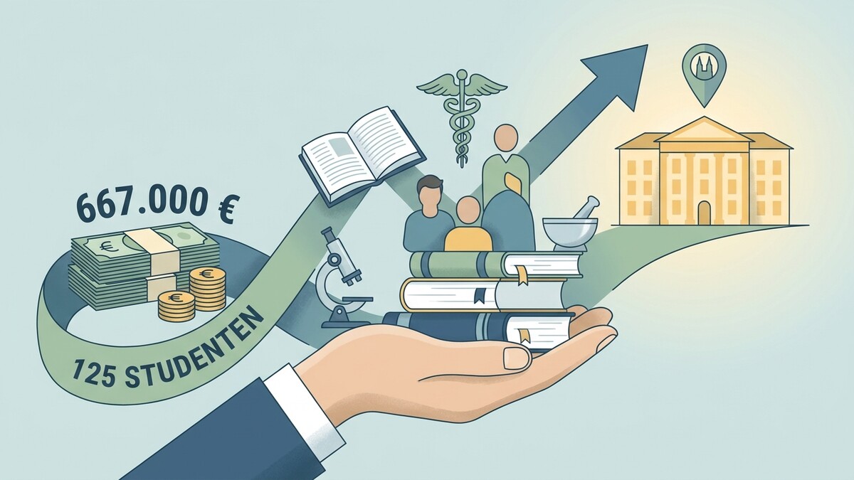 Studierenden, Geld, Bücher, Universität, Mikroskop, Äskulapstab, Aufwärtspfeil
