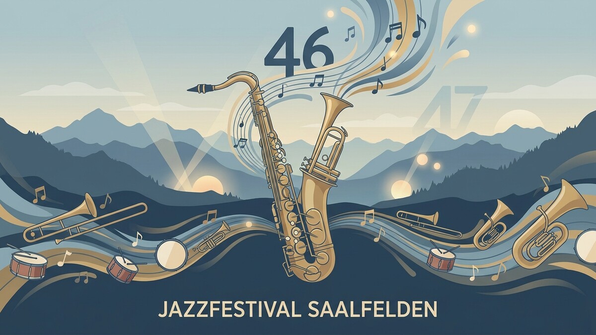 Jazzfestival Saalfelden: Saxophon, Trompeten, Posaunen und Schlagzeuge vor Bergkulisse.