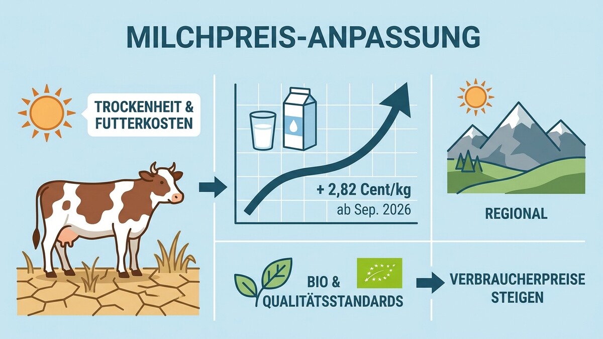 Milchpreisanpassung: Trockenheit, Futterkosten und Bio-Standards führen zu steigenden Verbraucherpreisen regional.