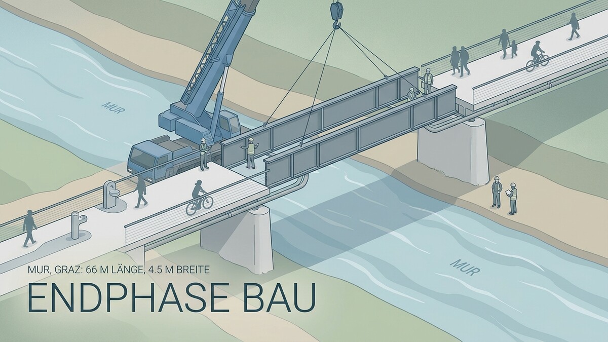 Brückenbau Mur Graz: Kran hebt Brückenteile über den Fluss Mur, Bauarbeiter überwachen.