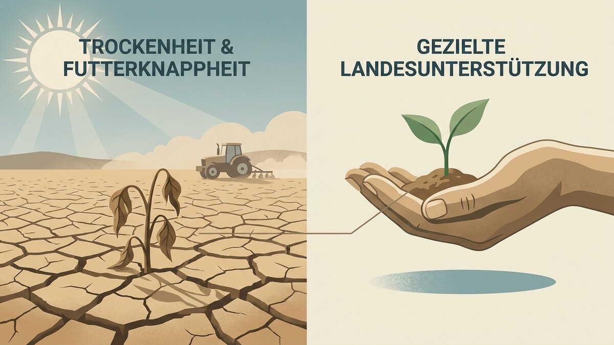 Trockenheit und Futterknappheit auf der einen Seite, eine Hand mit junger Pflanze und gezielte Landesunterstützung auf der anderen