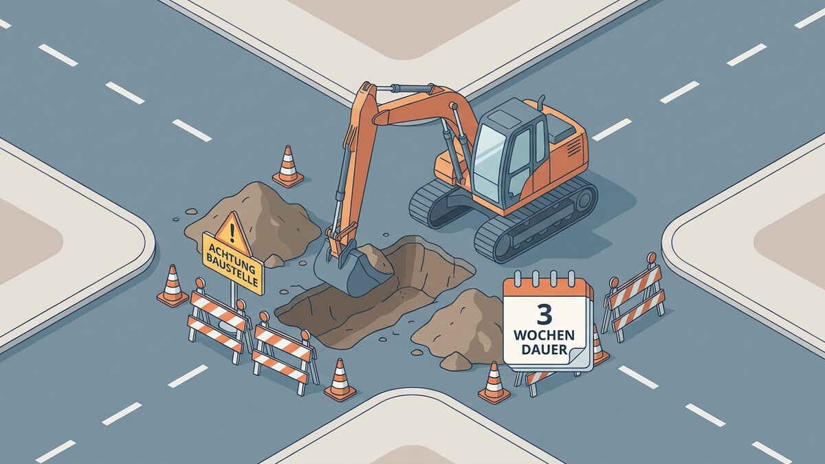 Bagger bei Baustelle mit Warnschild und Kalenderblatt "3 Wochen Dauer"