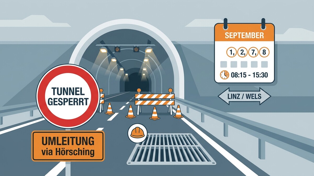 Tunnel gesperrt: Umleitung via Hörsching, Kalender mit September, Linz/Wels