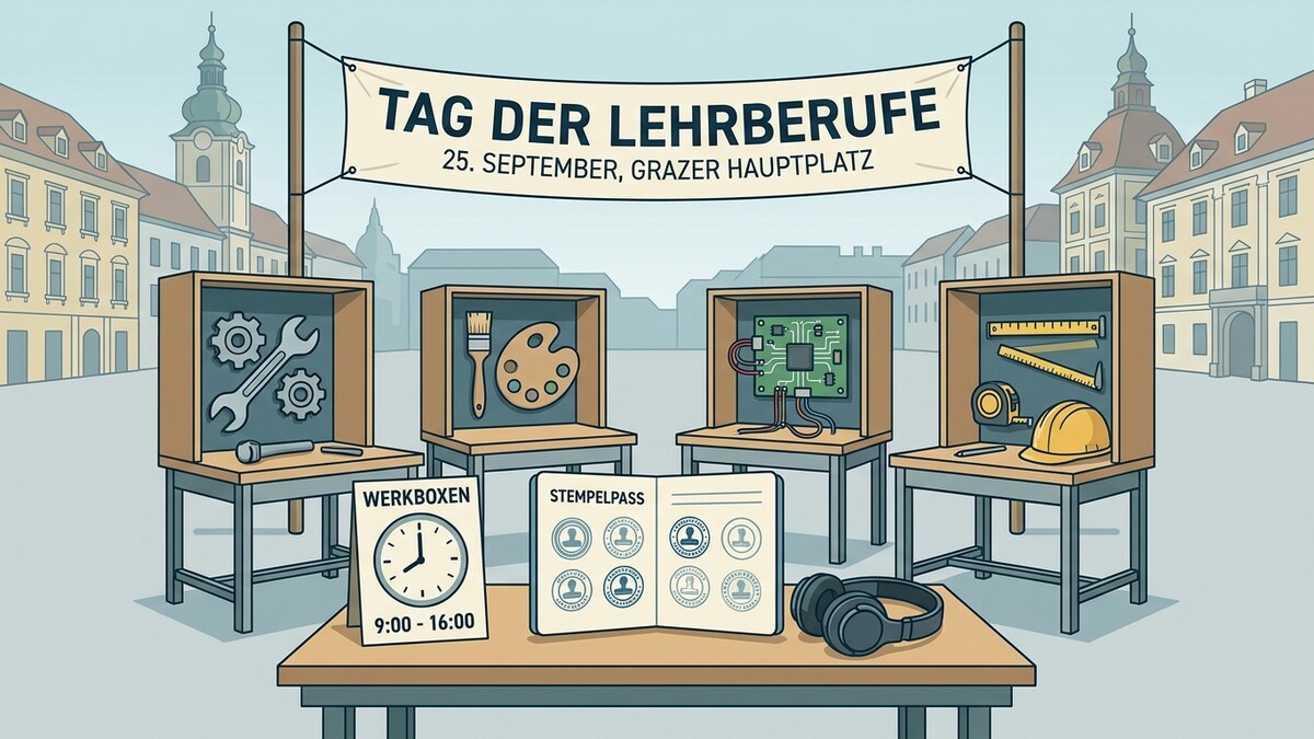 Tag der Lehre am Grazer Hauptplatz mit Werkboxen und Stempelpass