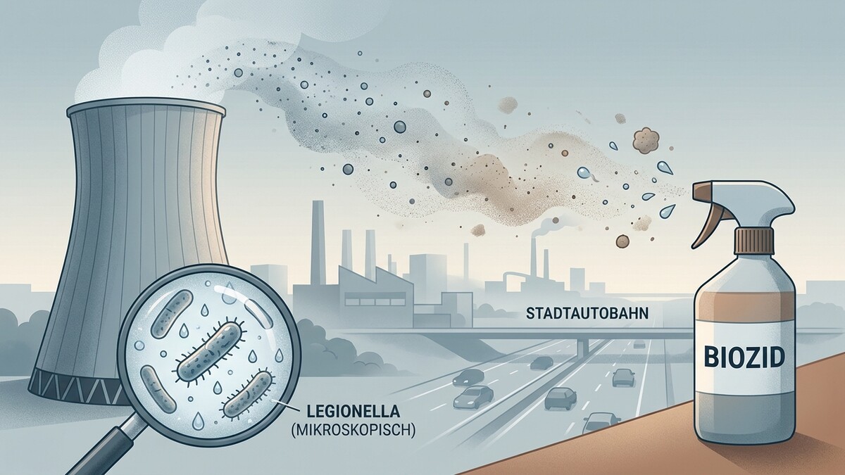 Legionella unter Lupe vor Kühlturm, Industrie und Stadt, Biozid-Sprühflasche