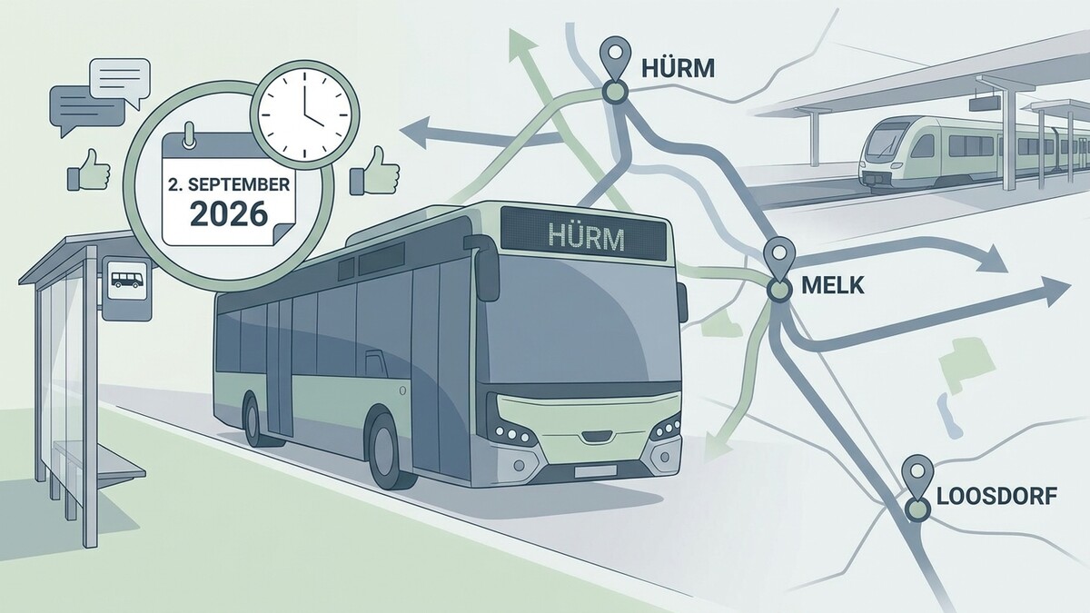 Bus und Zugverbindungen nach Hürm, Melk und Loosdorf mit Datum 2. September 2026