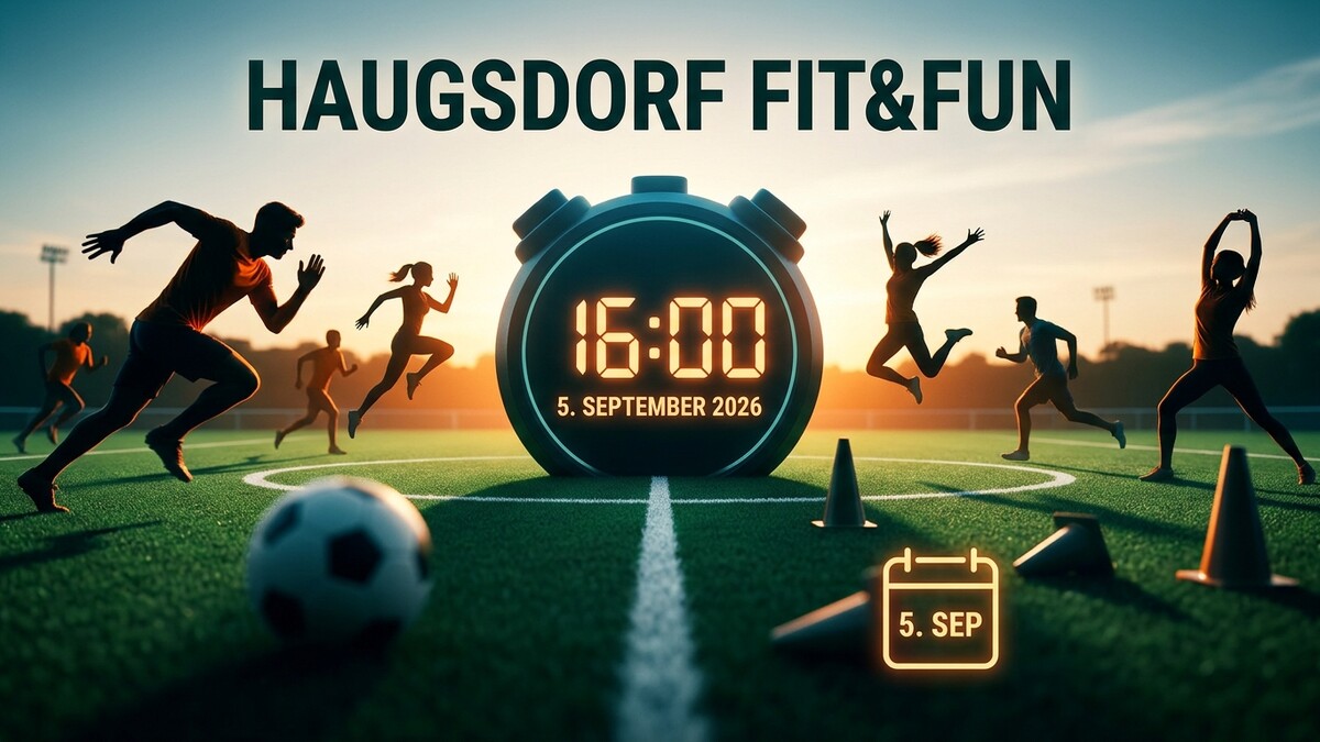 Haugsdorf Fit&Fun: Läufer und Springer auf Sportplatz, Wecker zeigt 16:00 Uhr am 5. September 2026