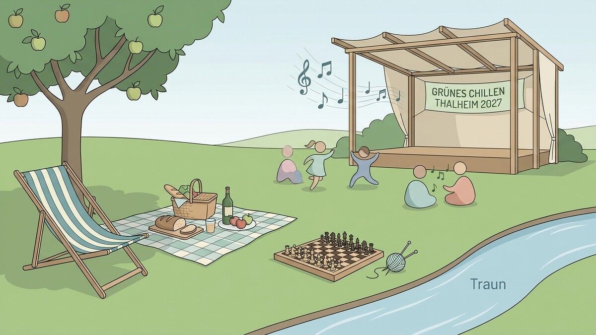 Grünes Chillen Thalheim 2027: Picknick, Schach und Kinder tanzen am Fluss Traun.
