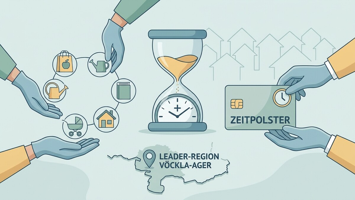 Zeitpolster-Karte und Sanduhr symbolisieren Unterstützung in der Leader-Region Vöckla-Ager.