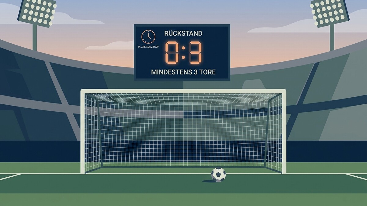 Fußballspiel mit Anzeigetafel 0:3, Fußballtor und Ball im Stadion