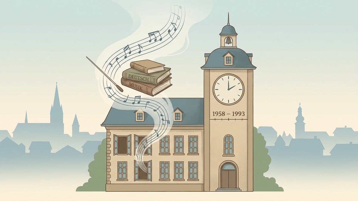 Taktstock über Büchern mit Noten und einem Uhrturm, 1958–1993