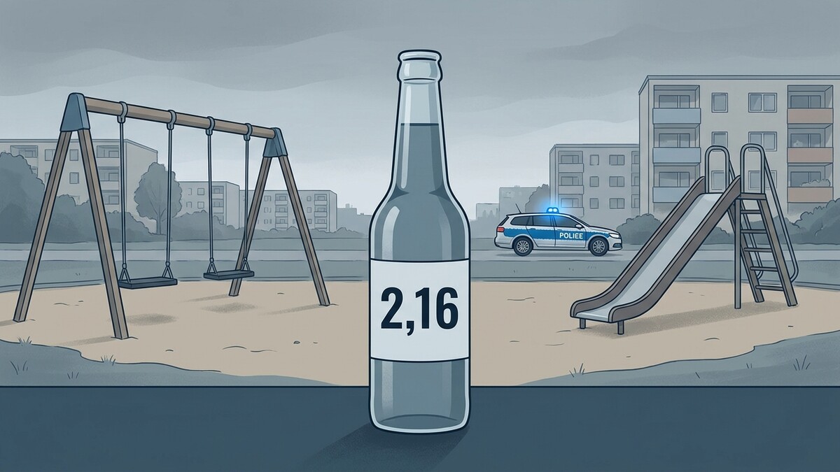 Flasche mit Aufschrift 2,16 vor Spielplatz mit Rutsche, Schaukel und Polizeiauto in Wohnhausanlage